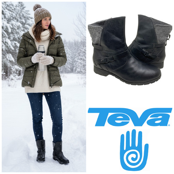 Teva De La Vina Boots Black Waterproof Leather Gray Wool Women's Sz 10 1005514 - Picture 1 of 10